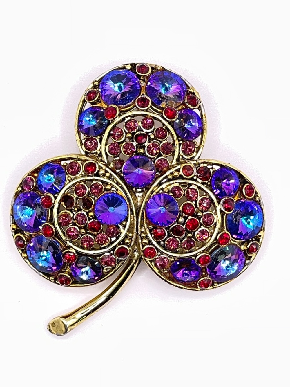 Vintage Weiss Purple AB Rhinestone Shamrock Brooch Rare Colorway 1960's